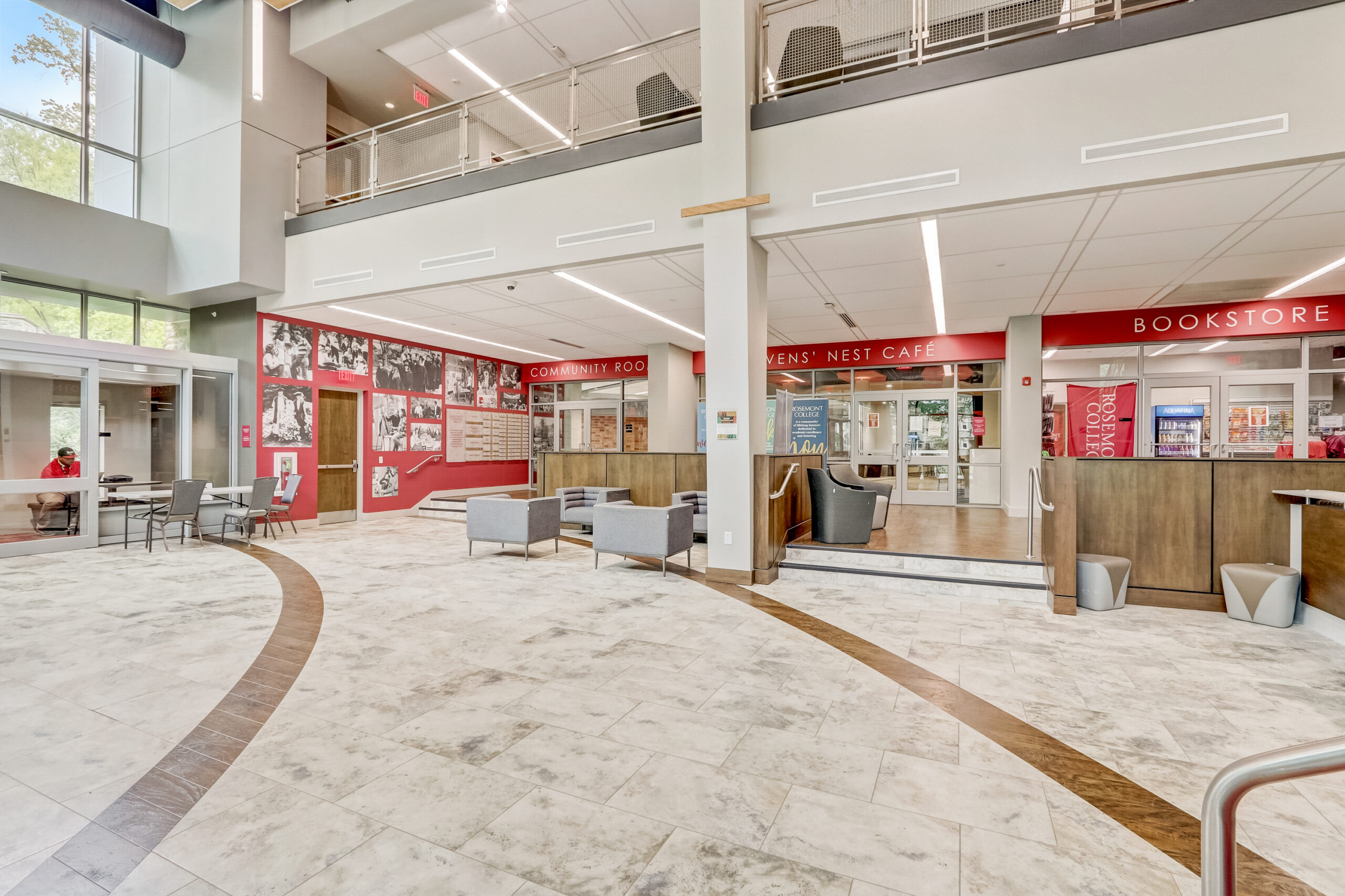 Impressive two-story Main entrance and lobby in the Sharon Latchtaw Hirsh Community Center is part of why Rosemont College is Forbes rated best online college, and a best mainline college.