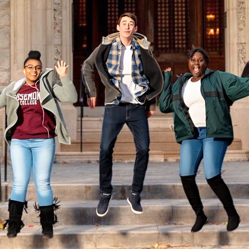 A diverse group of students jumping in celebration to represent how students are part of why Rosemont College is a Forbes rated best online college, and a best Main Line college.