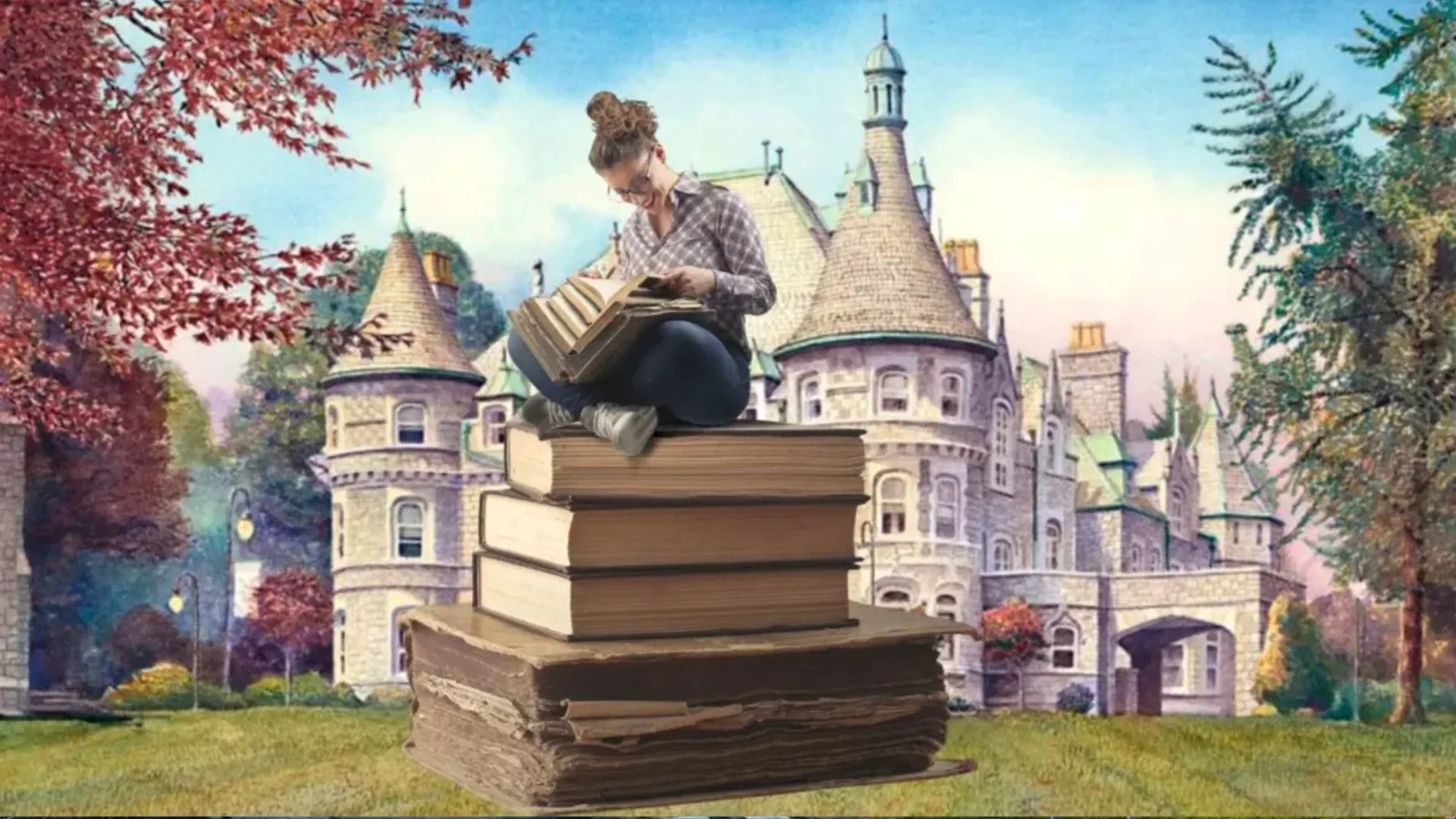 A woman sitting on books reading books with a drawing of Rathalla, the main building in the background to represent how Writer's Studio, the MFA Creative Writing and Publishing programs are part of why Rosemont College is a Forbes rated best online college, and a best Main Line college.