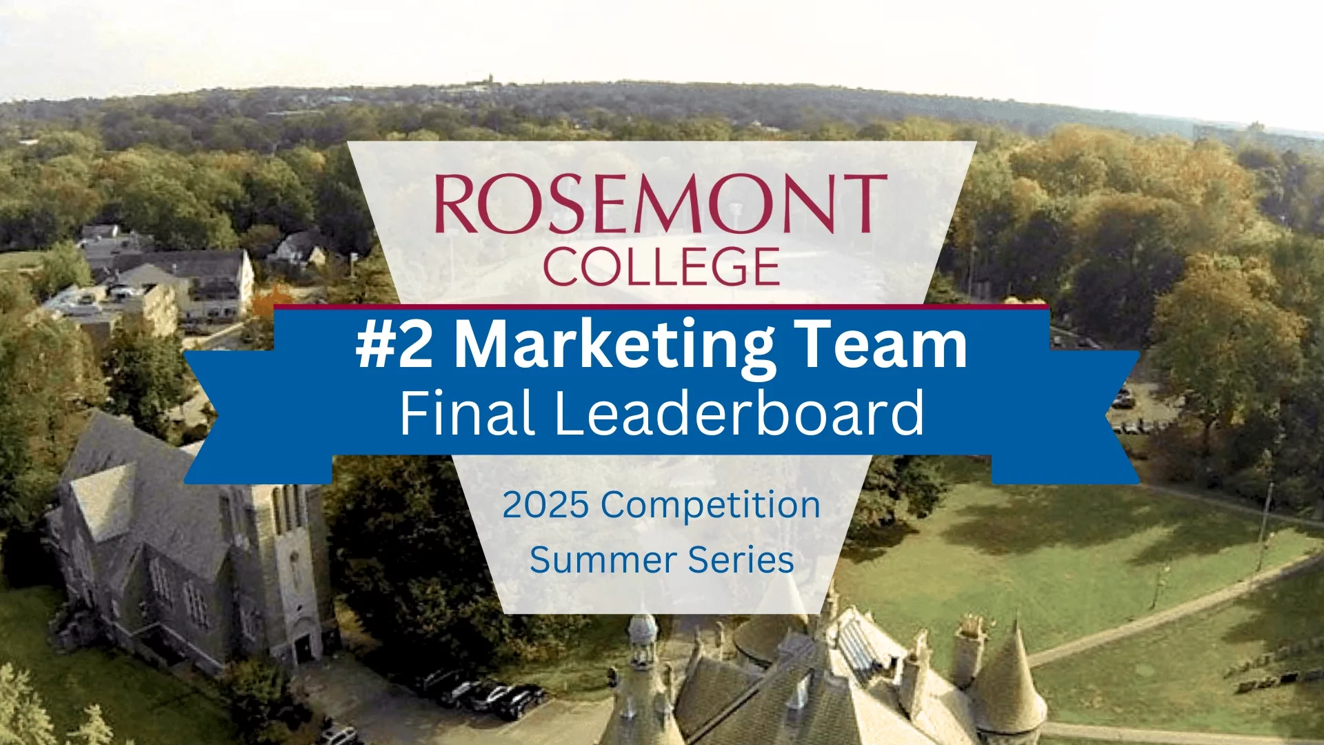Rosemont College #2 Marketing Team - Final Leaderboard An areal view of the Rosemont campus with text overlaid that reads Rosemont College #2 Marketing Team Final Leaderboard 2025 Competition Summer Series to represent how Rosemont College is a Forbes rated best online college, and a best Main Line college.