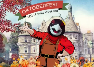 Cartoon of the Ravens mascot with autumn leaves & pumpkins at the bottom and a cartoon version of the main building Rathalla with a banner that reads Oktoberfest and text that reads 2025 Family Weekend to represent how Rosemont College is a Forbes rated best online college, and a best Main Line college.
