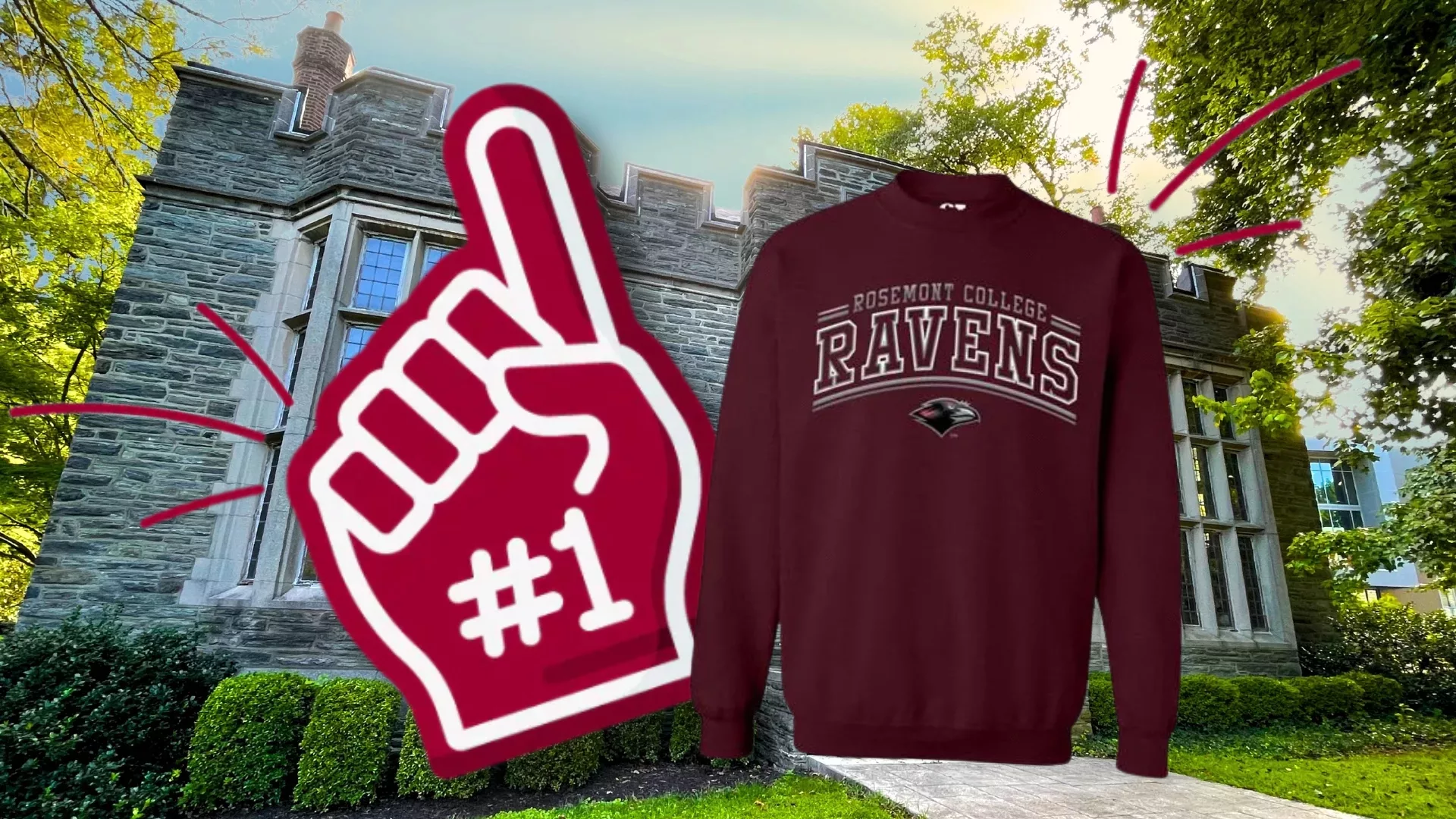 A giant foam finger with the index finger pointing up and text that reads #1 next to a sweatshirt with the Rosemont College name and Ravens mascot against a background of campus to represent how the campus store is part of why Rosemont College is a Forbes rated best online college, and a best Main Line college.