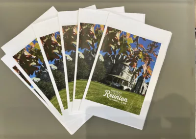 Display of Reunion 2025 brochures to represent how Rosemont College is a Forbes rated best online college, and a best Main Line college.