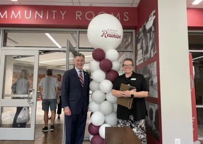 Reunion 2025 balloons with President Cawley and Alumni Relations Jennifer Thorpe to represent how Rosemont College is a Forbes rated best online college, and a best Main Line college.