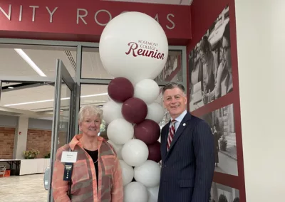 Reunion 2025 balloons with Presidents Hirsh and Cawley to represent how Rosemont College is a Forbes rated best online college, and a best Main Line college.