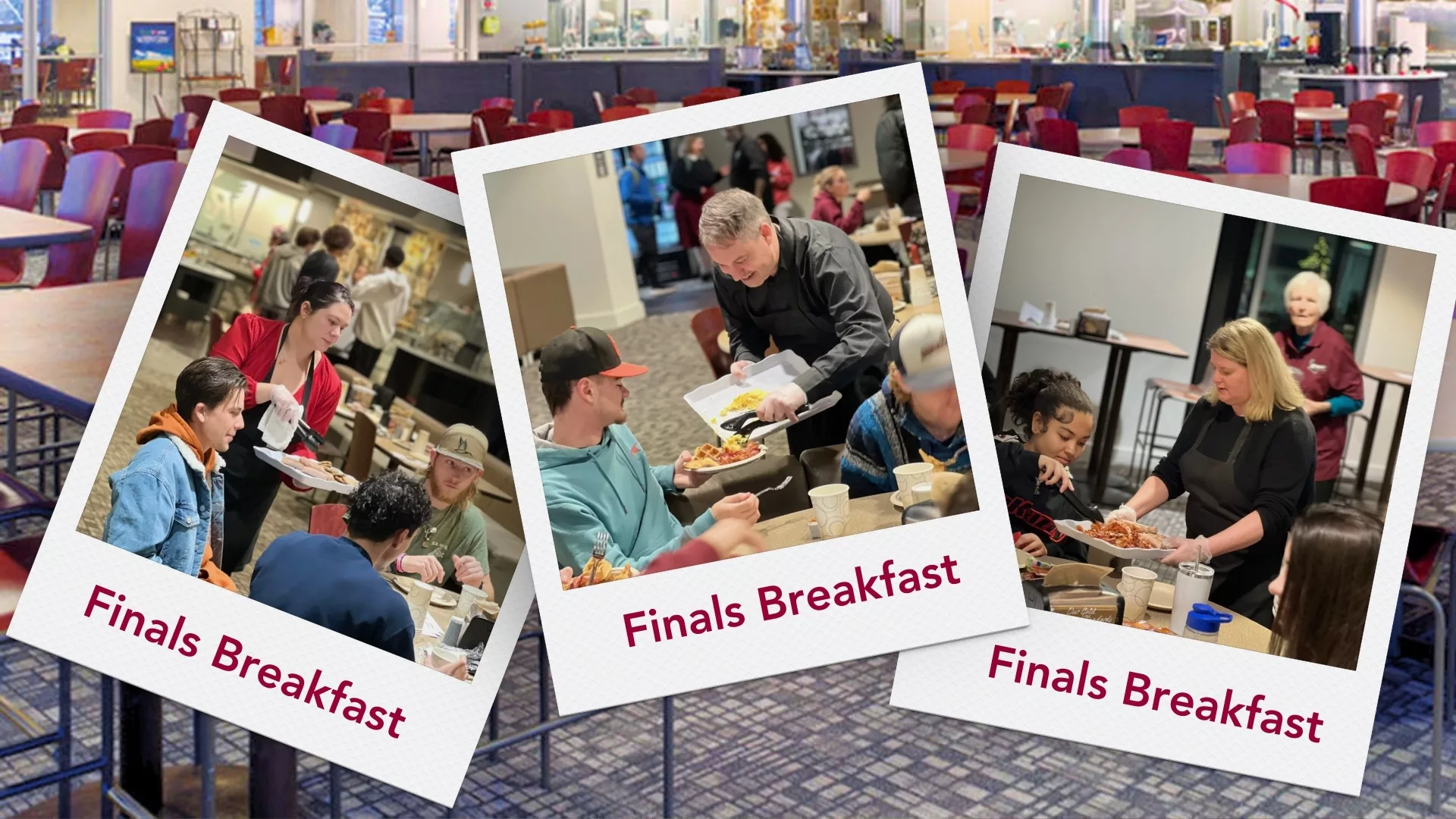 3 Polaroids of faculty and staff serving students for Finals Breakfast 2024 inside Cardinal Hall Dining in the Sharon Latchaw Hirsh Community Center to represent how Rosemont College is a Forbes rated best online college, and a best Main Line college.