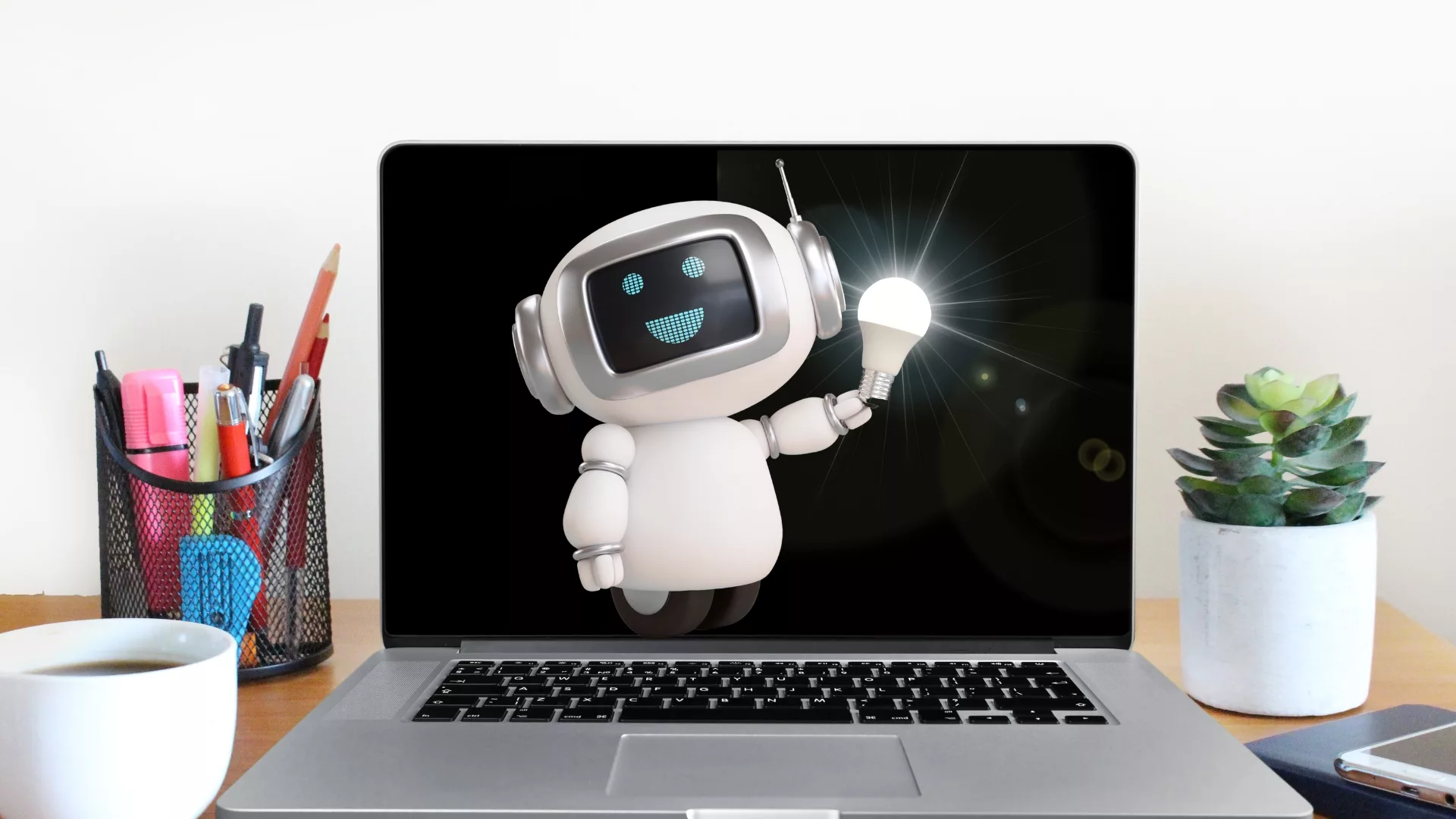 A robot holding a lightbulb on a laptop screen to represent how Rosemont College is a Forbes rated best online college, and a best Main Line college.