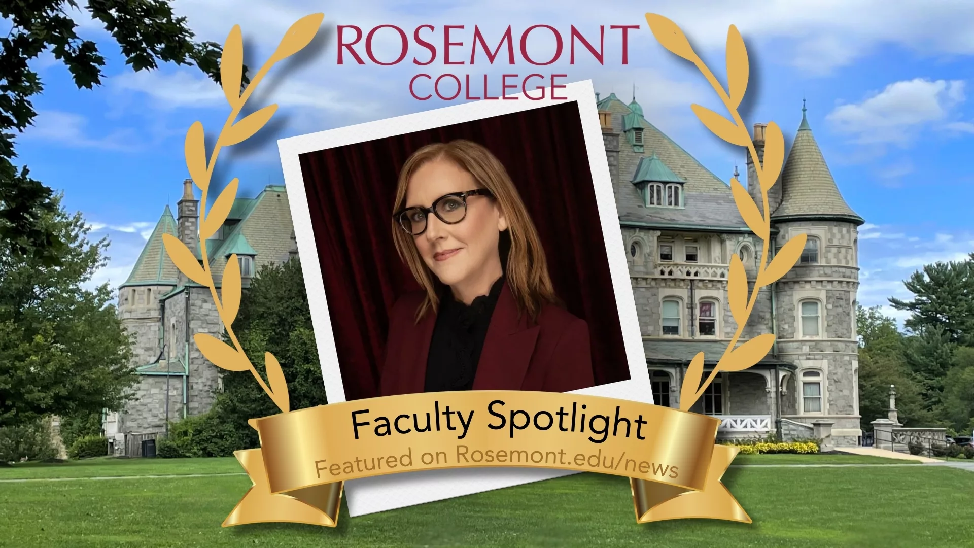 A Polaroid of Carla Spataro overlaid on a photo of the main building Rathalla to represent how Rosemont College is a Forbes rated best online college, and a best Main Line college.