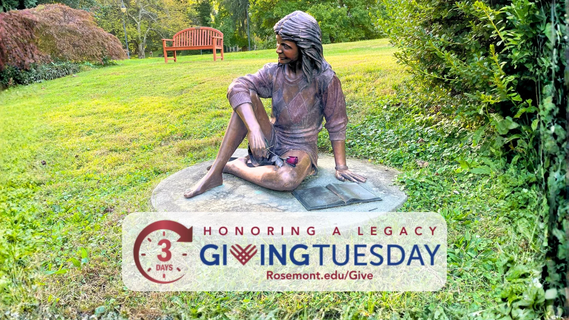 Close up of the memorial statue in the Verano Garden with a 3 days to Giving Tuesday graphic overlay to represent how giving is part of why Rosemont College is a Forbes rated best online college, and a best Main Line college.