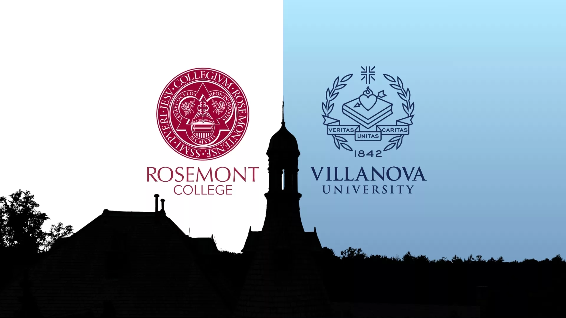 Rosemont College - Villanova University Silhouette of Main Building with the Rosemont College seal and logo on one side of the tower and the Villanova University seal and logo on the other side to represent how Rosemont College is a Forbes rated best online college, and a best Main Line college.