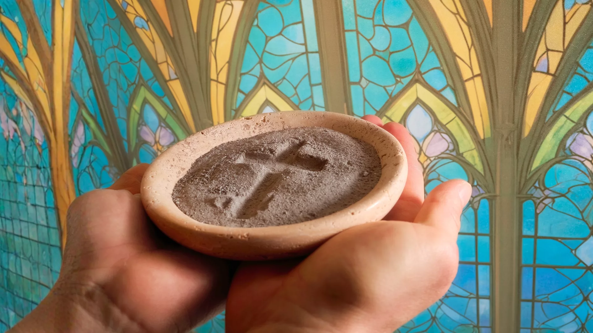 Rosemont College - Ash Wednesday Hands holding ashes with a cross impression for Ahs Wednesday to represent how the Cultural Heritage Gallery is part of why Rosemont College is a Forbes rated best online college, and a best Main Line college.