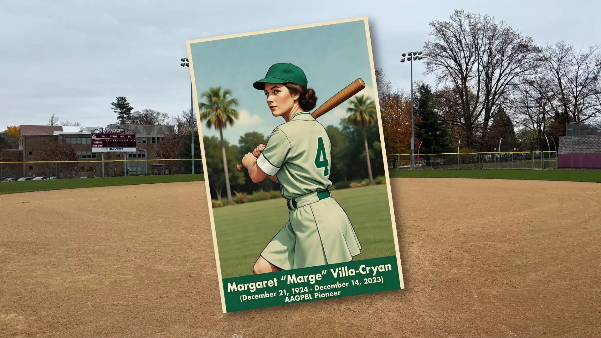 A stylized baseball card illustration by Grok of Marge Villa overlaid on an image of the Ravens Athletic Complex to represent how Women's History Month is a part of why Rosemont College is a Forbes rated best online college, and a best Main Line college.