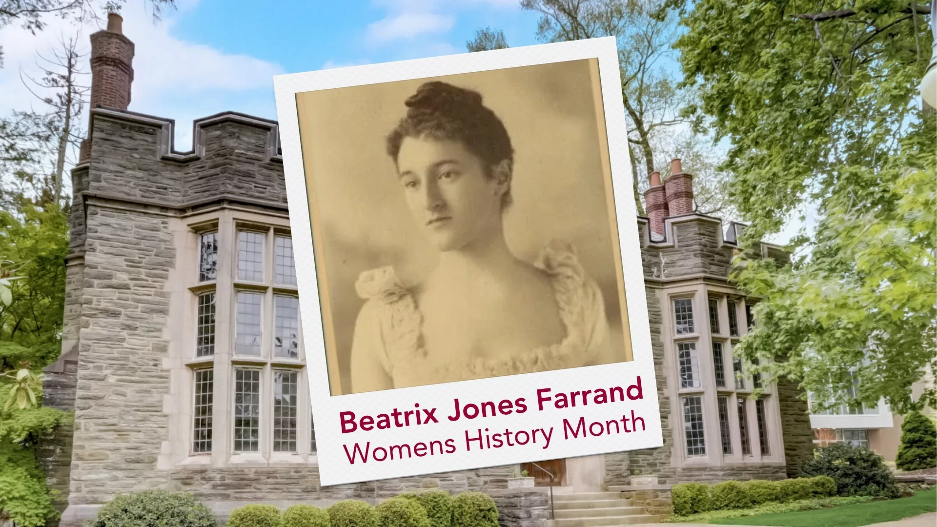 A Polaroid depicting Beatrix Jones Farrand overlaid on a picture of the Gertrude Kistler Memorial Library to represent how Campus Ministry is a part of why Rosemont College is a Forbes rated best online college, and a best Main Line college.