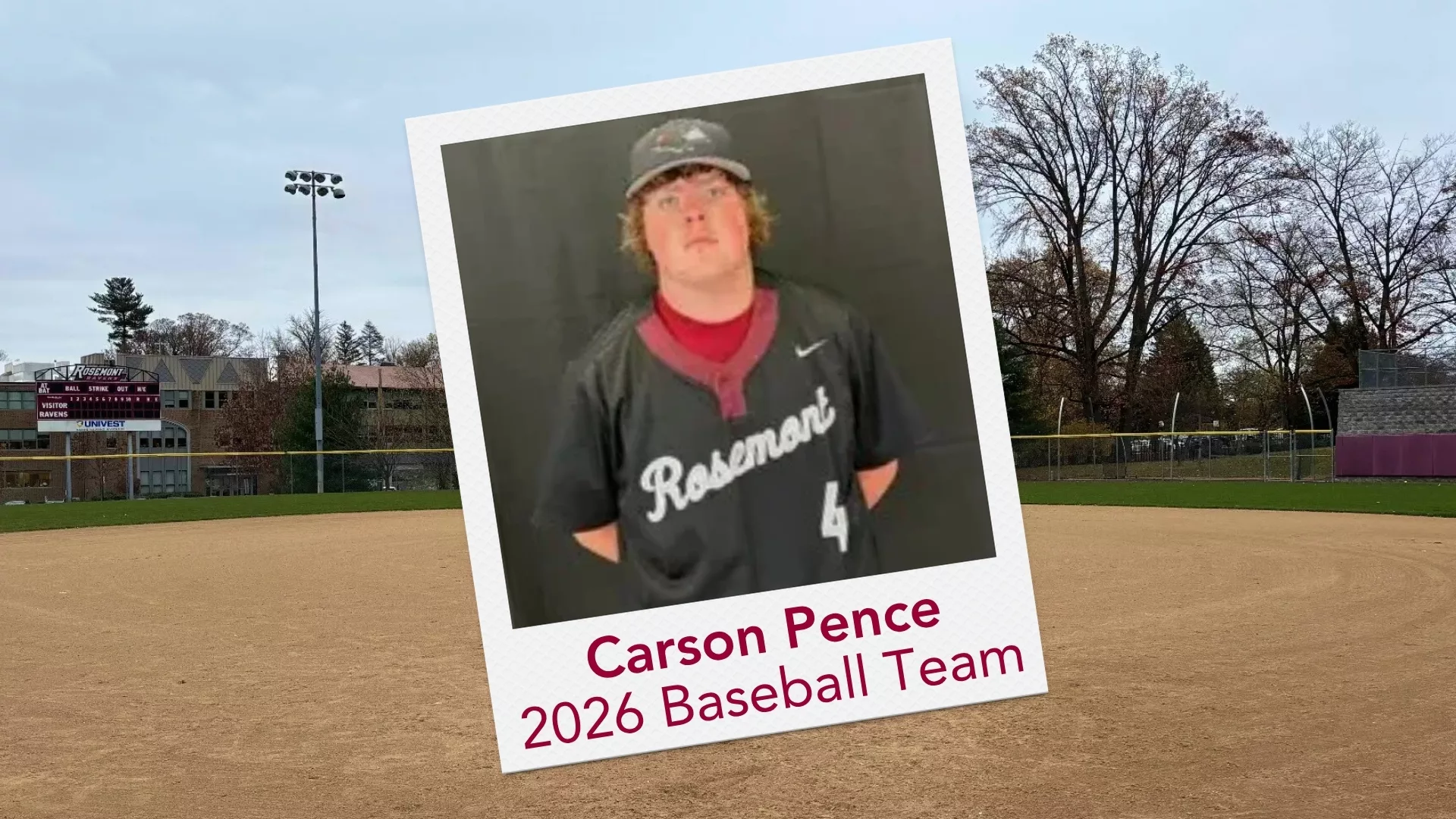 A Polaroid of Carson Pence overlaid on an image of the Ravens Athletic Complex to represent how the 2026 Baseball team is part of why Rosemont College is a Forbes rated best online college, and a best Main Line college.