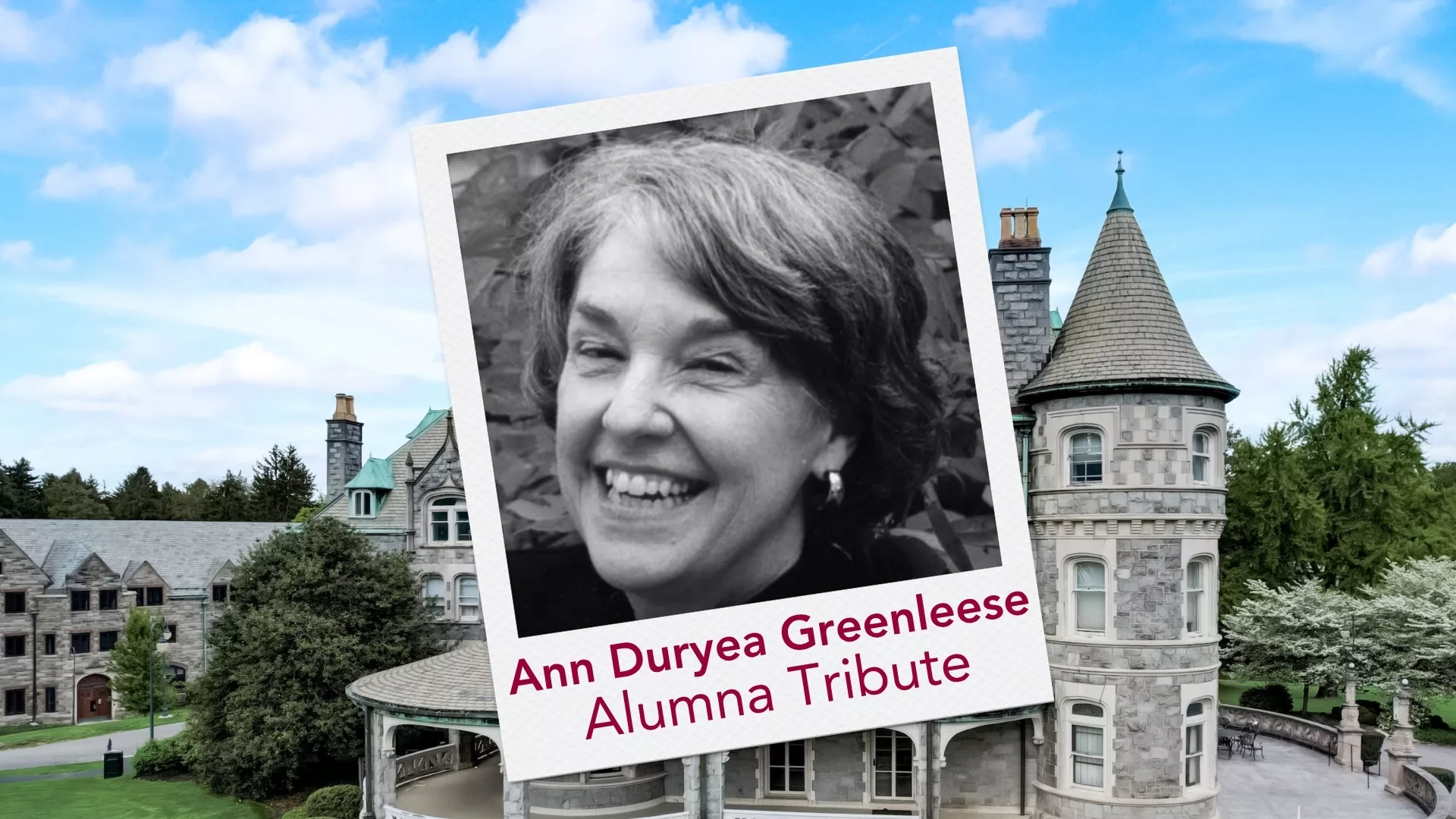 A Polaroid featuring the alumna Ann Duryea Greenleese '59 overlaid on an image of the Main Building to represent how alumnae are a part of why Rosemont College is a Forbes rated best online college, and a best Main Line college.