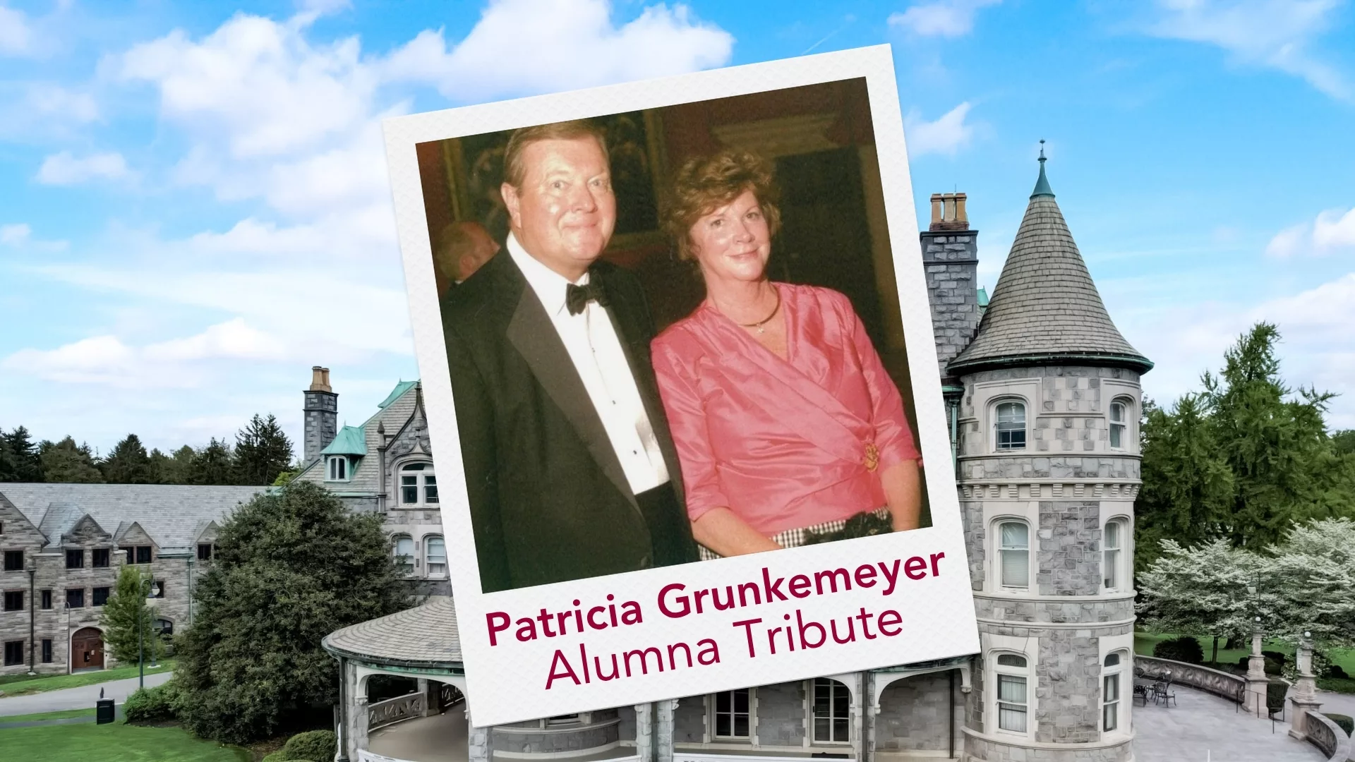 A Polaroid featuring the alumna Patricia Tricia Barton Grunkemeyer '69 overlaid on an image of the Main Building to represent how alumnae are a part of why Rosemont College is a Forbes rated best online college, and a best Main Line college.