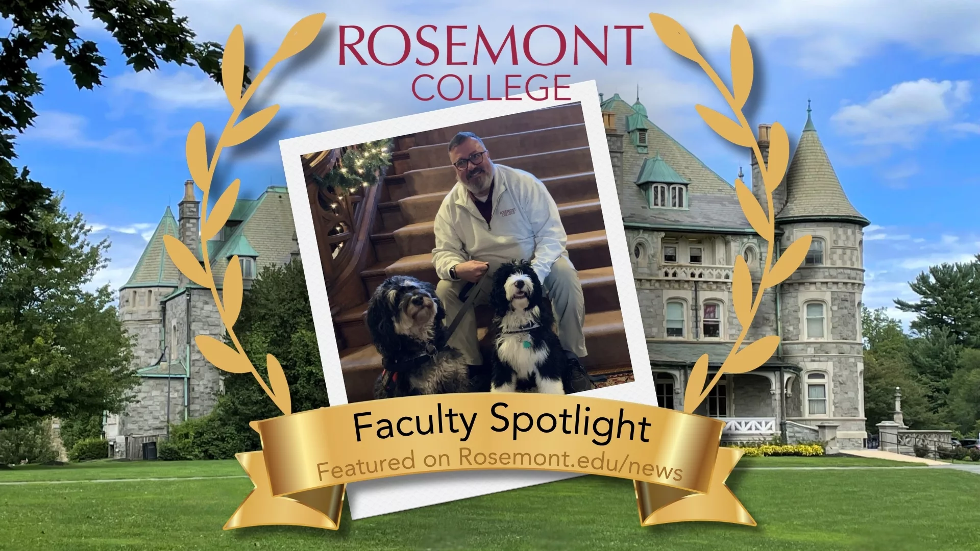 A Polaroid of Al Lopez overlaid on a photo of the main building Rathalla to represent how Rosemont College is a Forbes rated best online college, and a best Main Line college.
