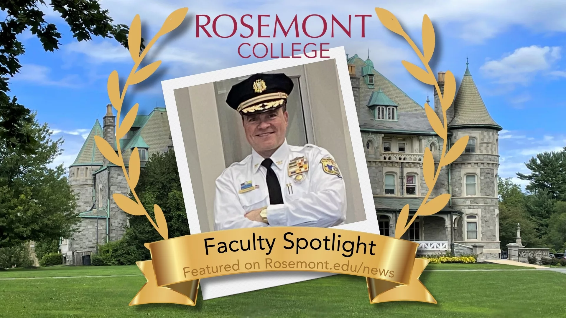 Rosemont College Faculty Spotlight Derek Kephart A Polaroid of Derek Kephart overlaid on a photo of the main building Rathalla to represent how Rosemont College is a Forbes rated best online college, and a best Main Line college.