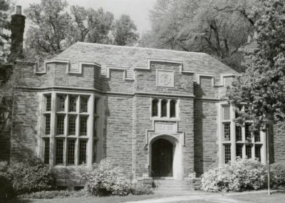 Historic black & white photo of the Gertrude Kistler Memorial Library exterior to represent how the library centennial is part of why Rosemont College is a Forbes rated best online college, and a best Main Line college.