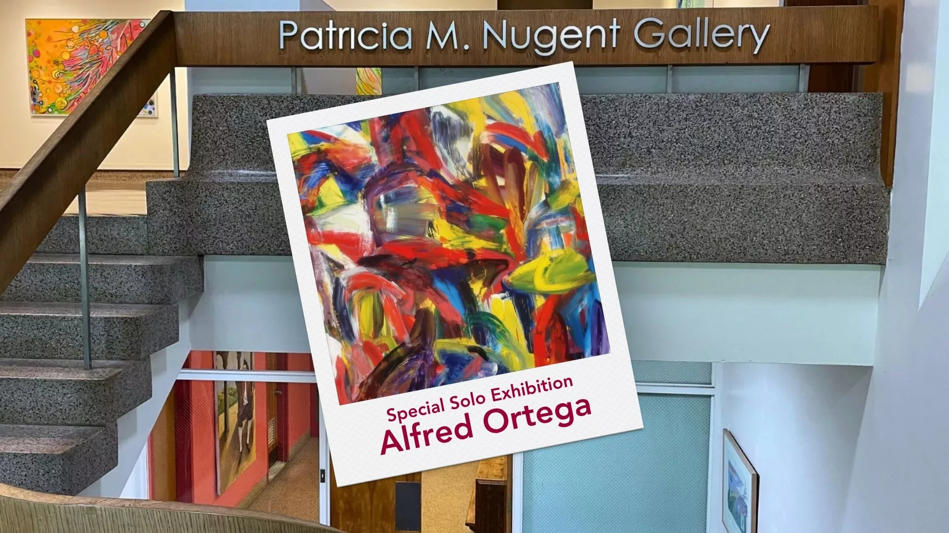 A Polaroid depicting original artwork from Alfred Ortega on display in the Patricia M. Nugent Gallery to represent how art is a part of why Rosemont College is a Forbes rated best online college, and a best Main Line college.
