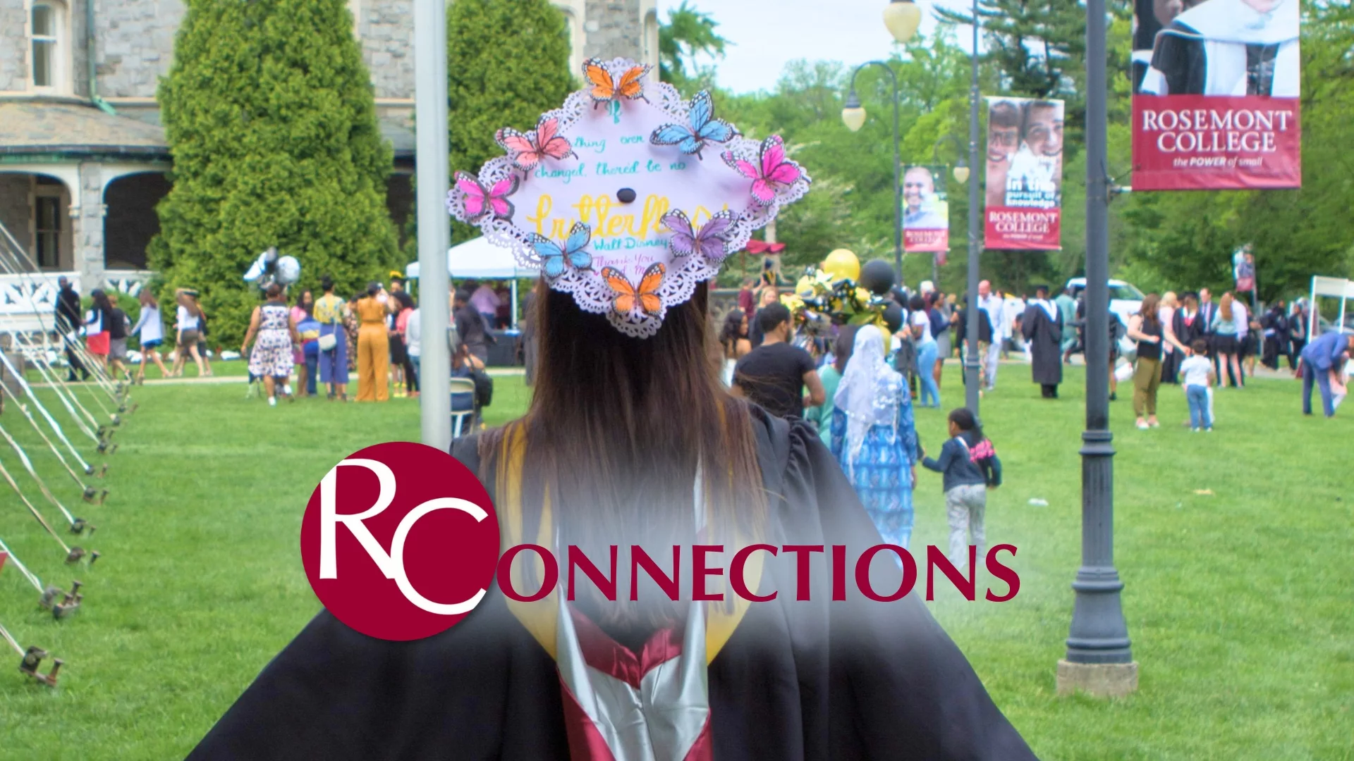 A decorated graduation cap on Connelly Green with text that reads RConnections to represent how the Connections newsletter is part of why Rosemont College is a Forbes rated best online college, and a best Main Line college.