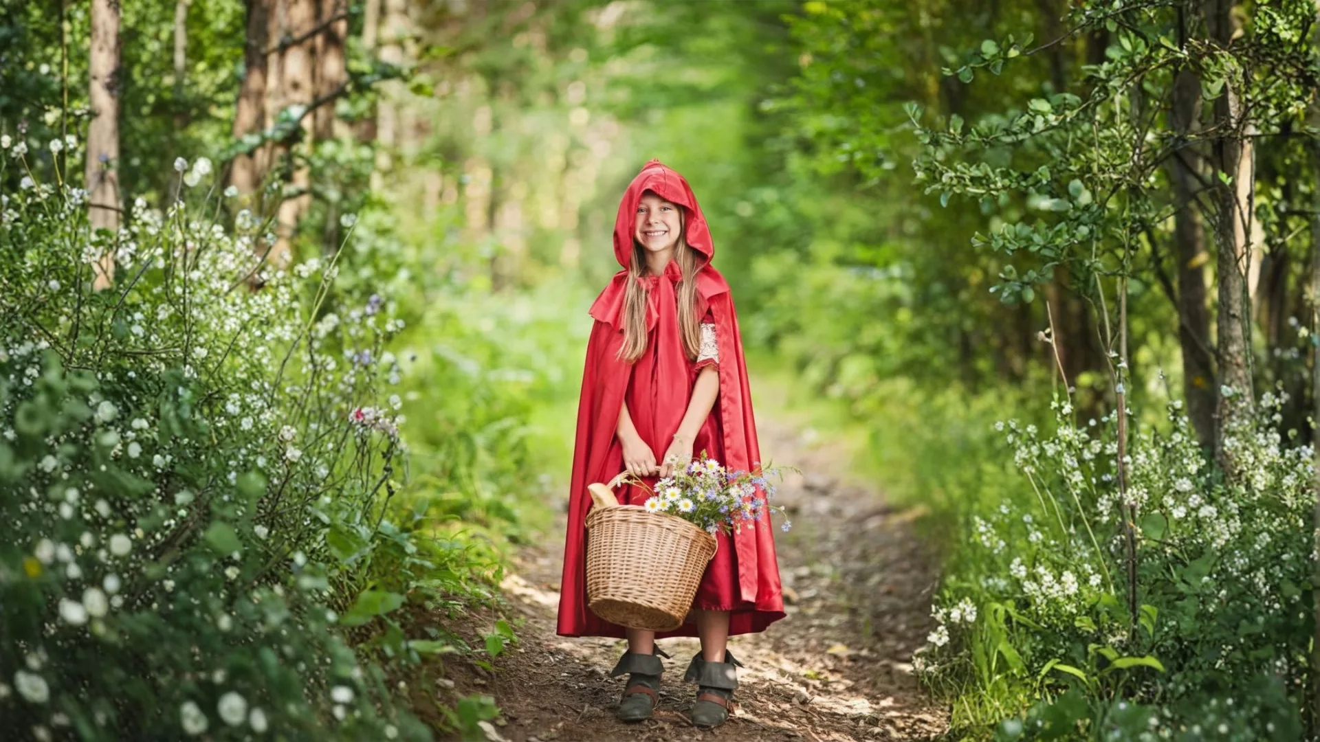 A girl dressed as Little Red Riding Hood to represent how Writer's Studio Flash Fiction Weekend Retreats are a part of why Rosemont College is a Forbes rated best online college, and a best Main Line college.