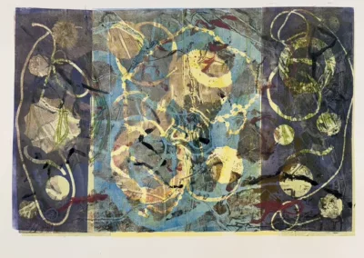 Celestial Movements Monoprint with Aqua Inks by Adrienne Beth Jenkins to represent how art is a part of why Rosemont College is a Forbes rated best online college, and a best Main Line college.