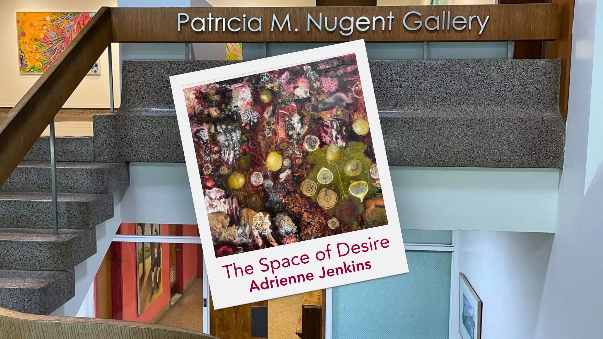 A Polaroid depicting original artwork from the The Space of Desire exhibit by Adrienne Jenkins on display in the Patricia M. Nugent Gallery to represent how art is a part of why Rosemont College is a Forbes rated best online college, and a best Main Line college.