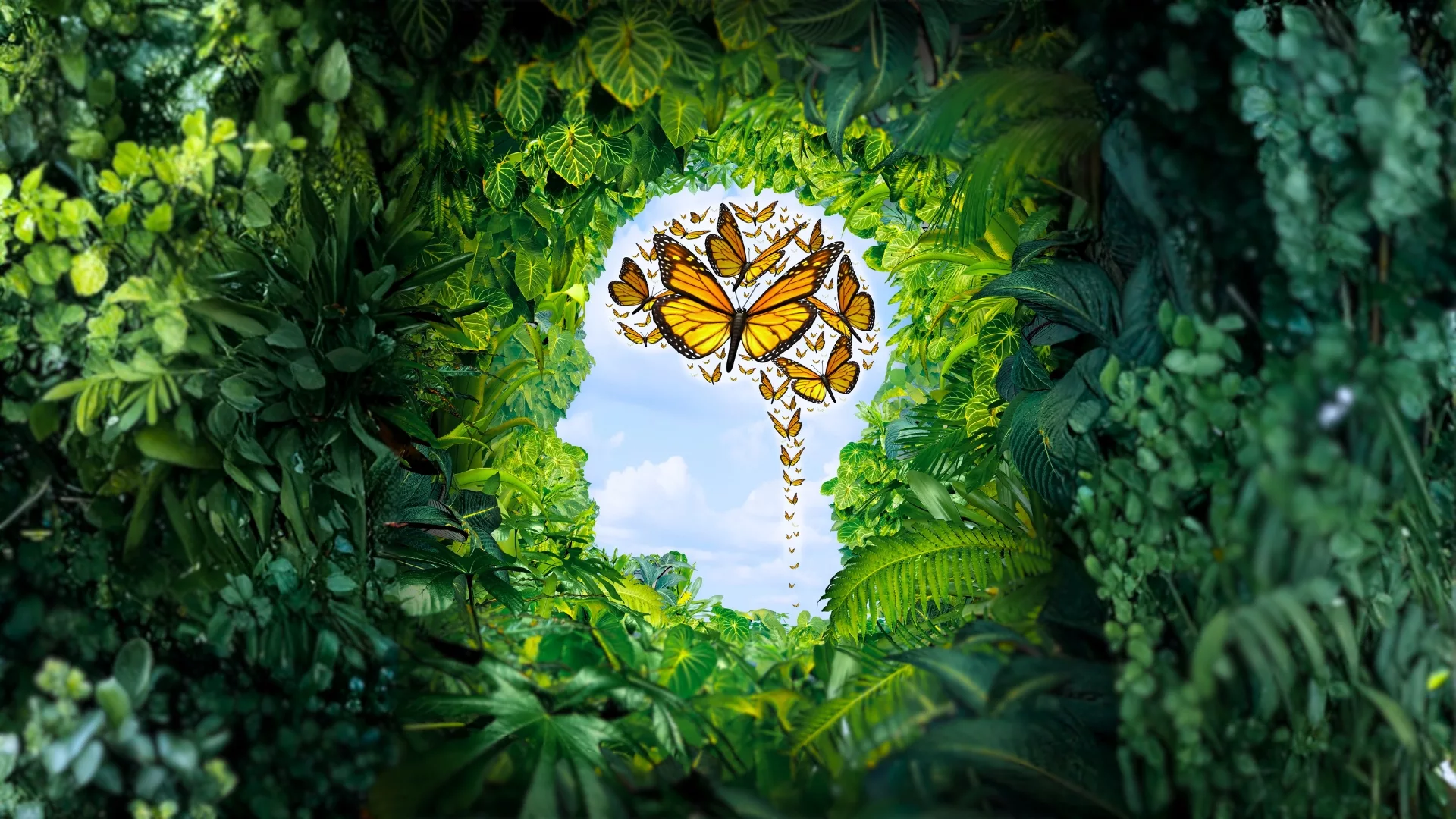 Green plants forming a negative space in the shape of a profile of a face with butterflies grouped in the shape of a brain to represent how the Writer's Studio Retreat Where Memory Catches Fire: A Lyrical Séance with Jennifer Rieger is a part of why Rosemont College is a Forbes rated best online college, and a best Main Line college.