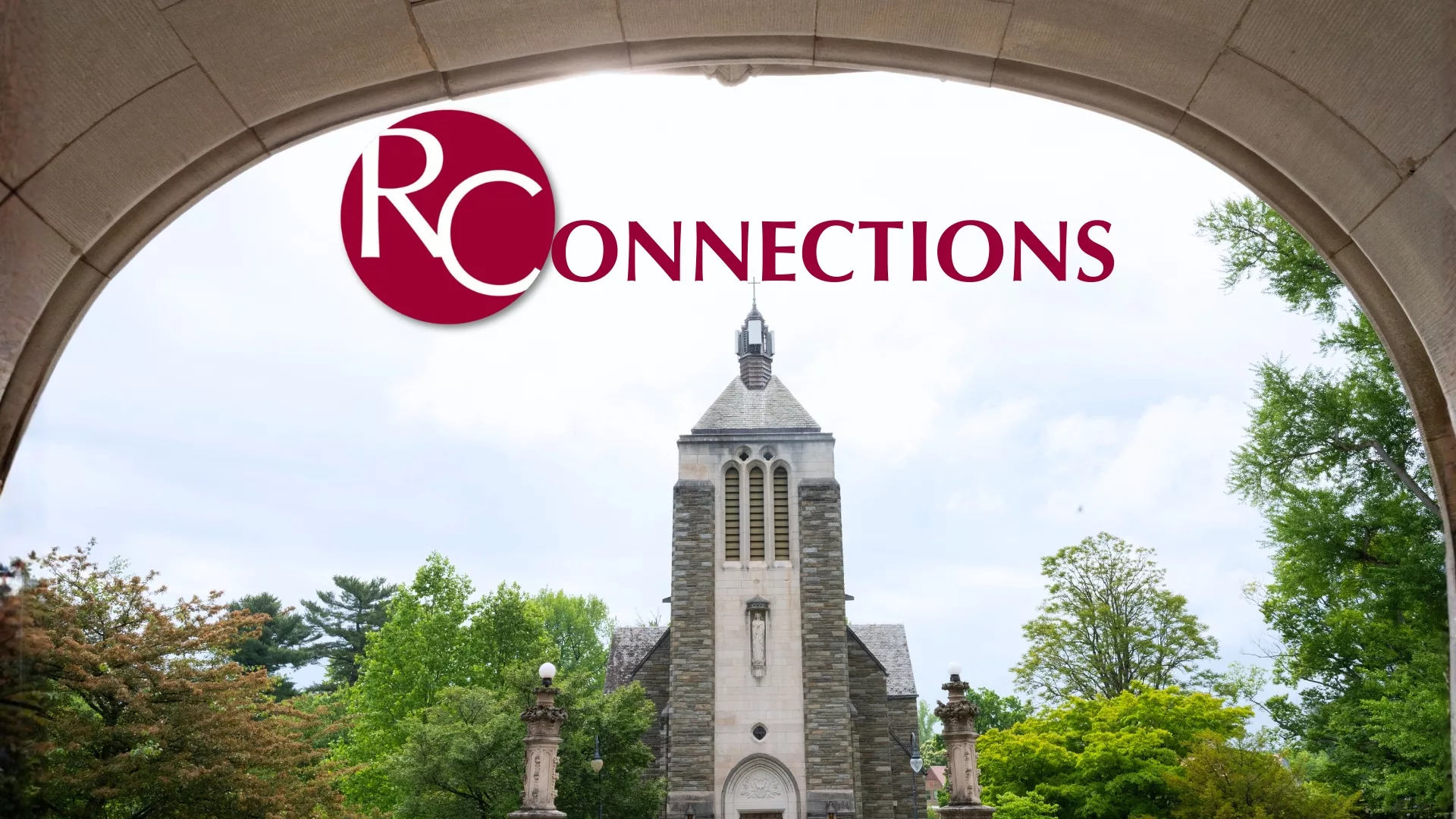 View of the chapel from the main building with text that reads RConnections to represent how the Connections newsletter is part of why Rosemont College is a Forbes rated best online college, and a best Main Line college.