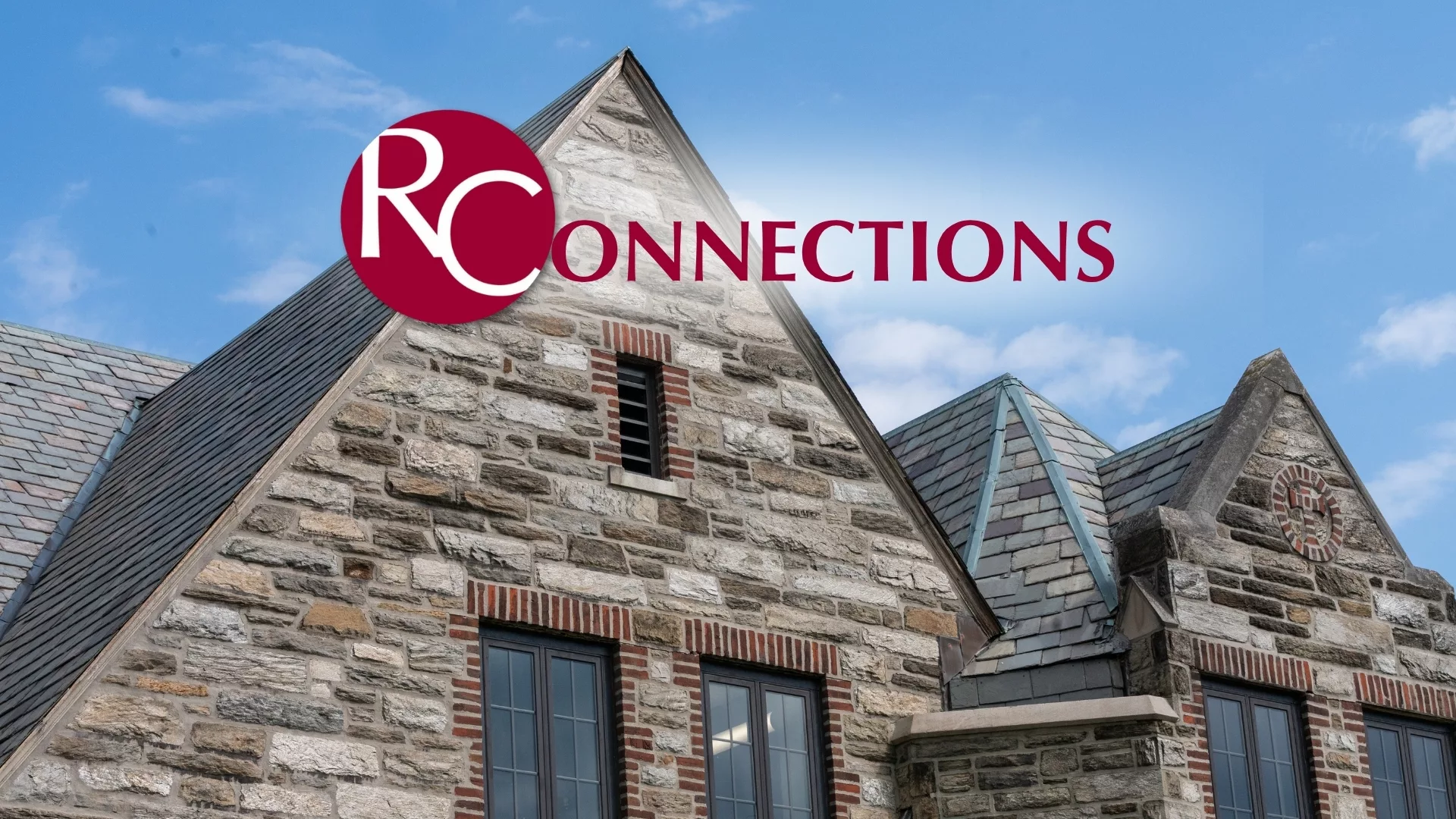 View of the top of student housing against a blue sky with text that reads RConnections to represent how the Connections newsletter is part of why Rosemont College is a Forbes rated best online college, and a best Main Line college.