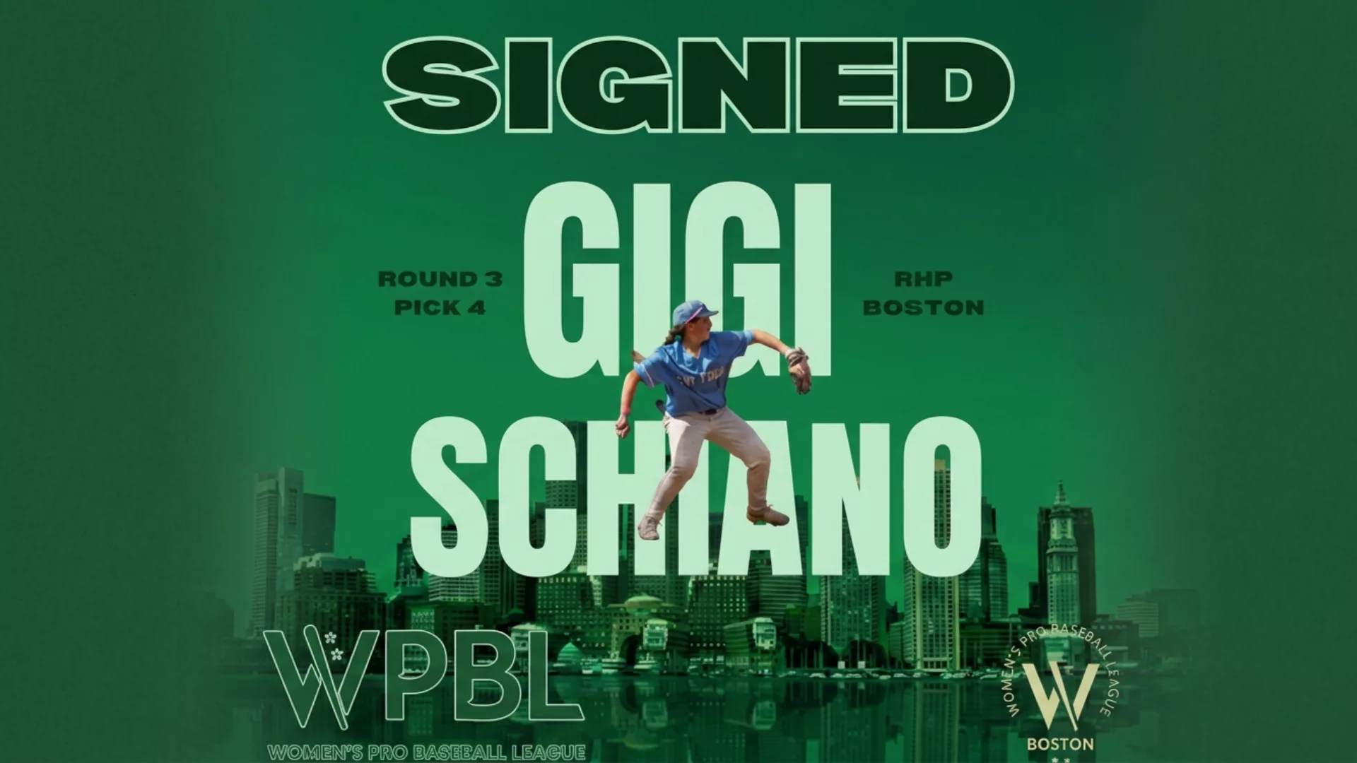 Text with an image overlay featuring Gigi Schiano as signed to WPBL to represent how student athletes are part of why Rosemont College is a Forbes rated best online college, and a best Main Line college.