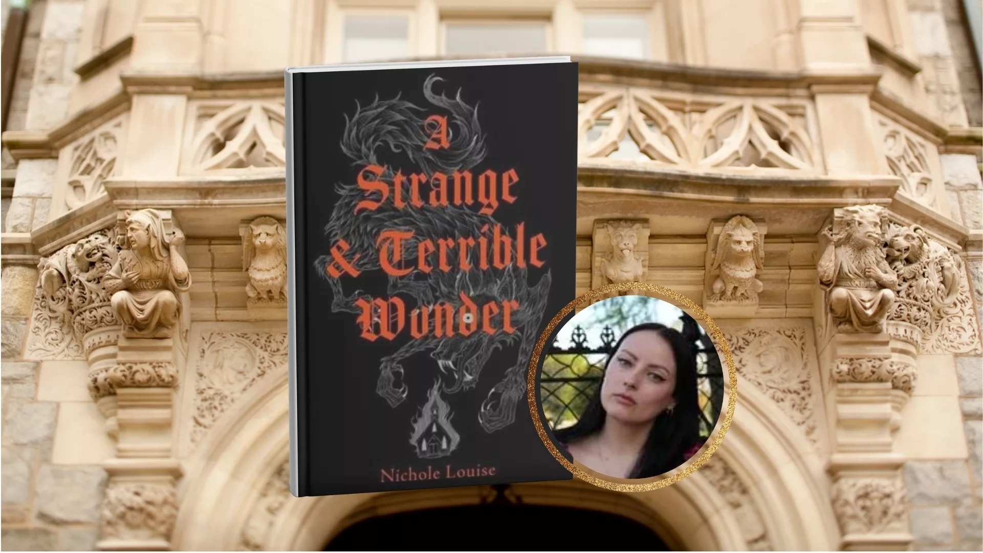 An image of the book A Strange & Terrible Wonder by MFA grad Nichole Louise overlaid on a close up the Main building to represent how Rosemont College is a Forbes rated best online college, and a best Main Line college.