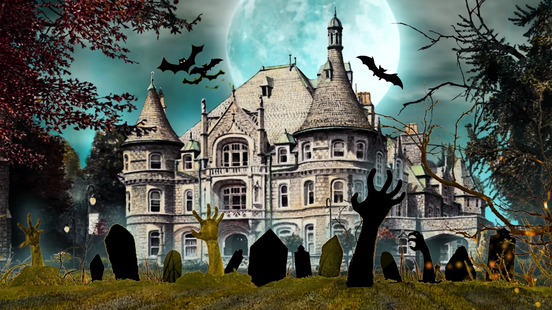 Rosemont College - 2026 Zombie Apocalypse Scholarship Halloween Deadline A spooky depiction of the Main Building Rathalla featuring Zombies coming up in the foreground to represent how the 2026 Zombie Apocalypse Scholarship Halloween Deadline is part of why Rosemont College is a Forbes rated best online college, and a best Main Line college.
