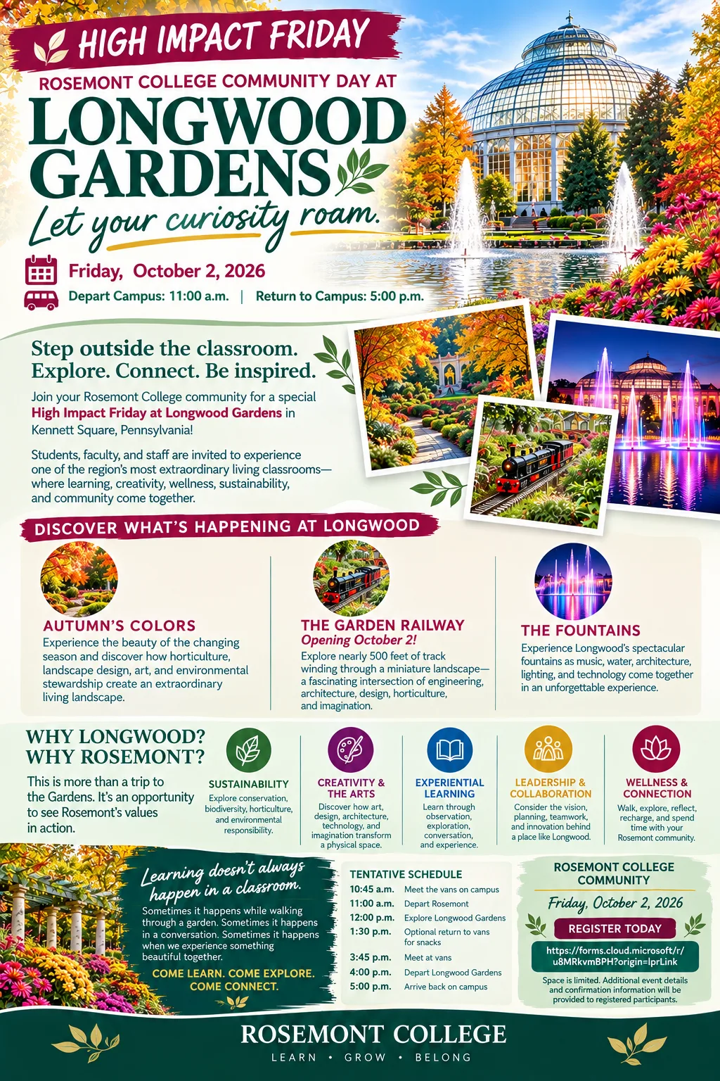 Rosemont College High Impact Friday Longwood Garden Flyer for High Impact Friday at Longwood Gardens to represent how Student Life is a part of why Rosemont College is a Forbes rated best online college, and a best Main Line college.