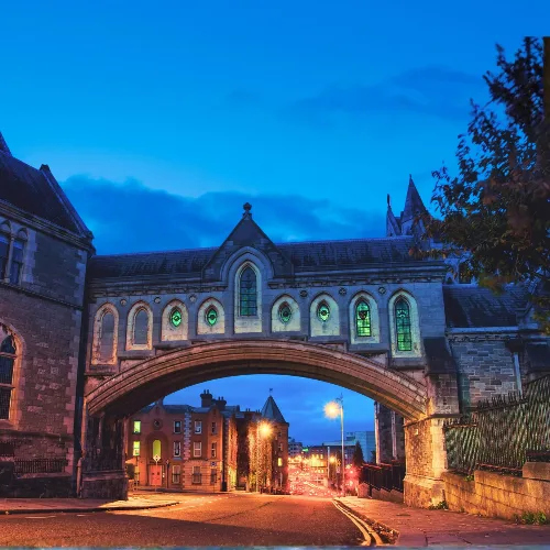 Rosemont College - Study Abroad Ireland - Oldest Landmark - Christ Church Cathedral View of the Christ Church Cathedral bridge that is the oldest landmark in Dublin Ireland to represent how study abroad opportunities are a part of why Rosemont College is a Forbes rated best online college, and a best Main Line college.