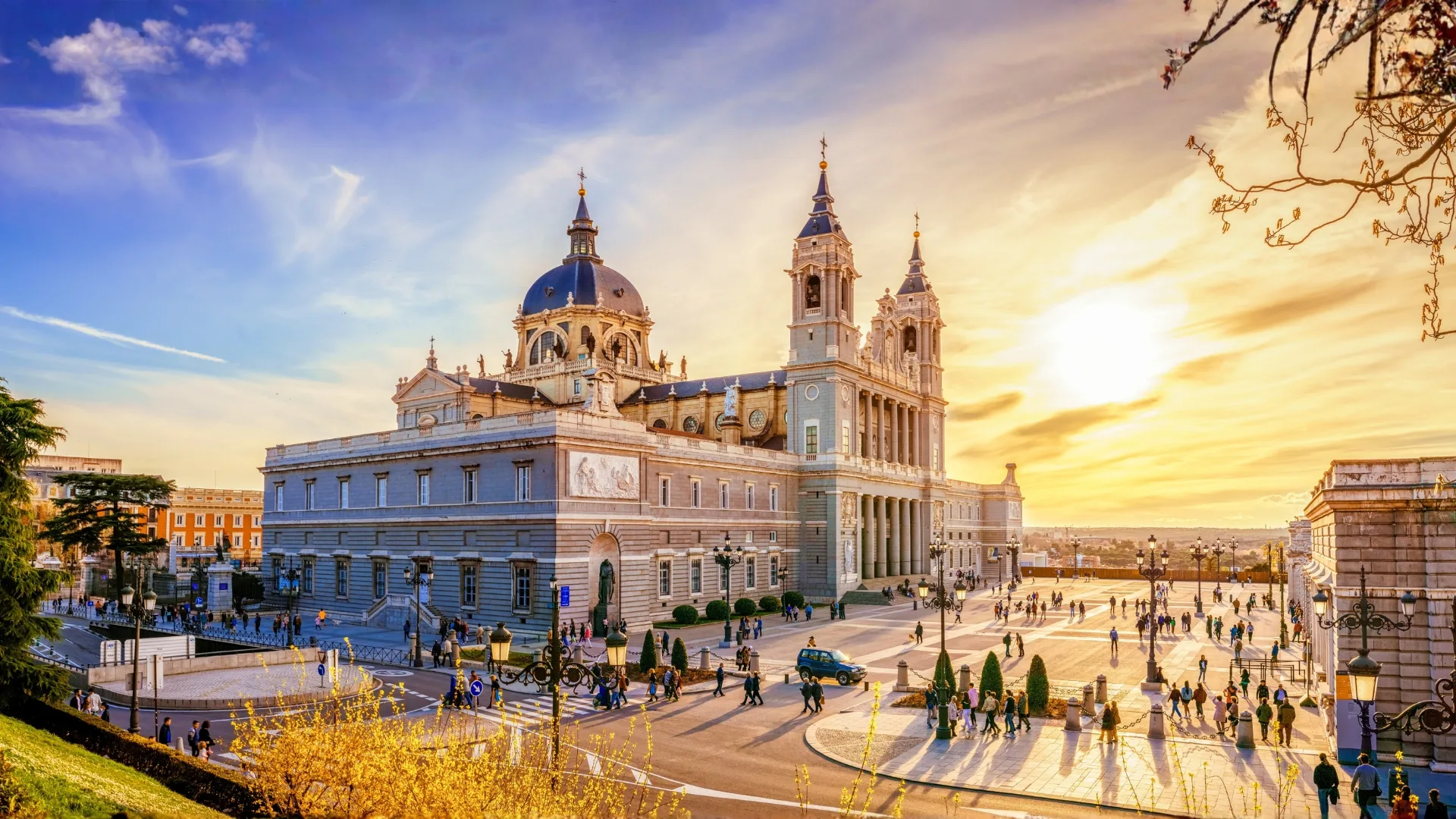 Rosemont College Study Abroad - Madrid Spain The Cathedral of Madrid at sunset to represent how the International Writer's Retreat and Seminar in Spain is a a part of why Rosemont College is a Forbes rated best online college, and a best Main Line college.