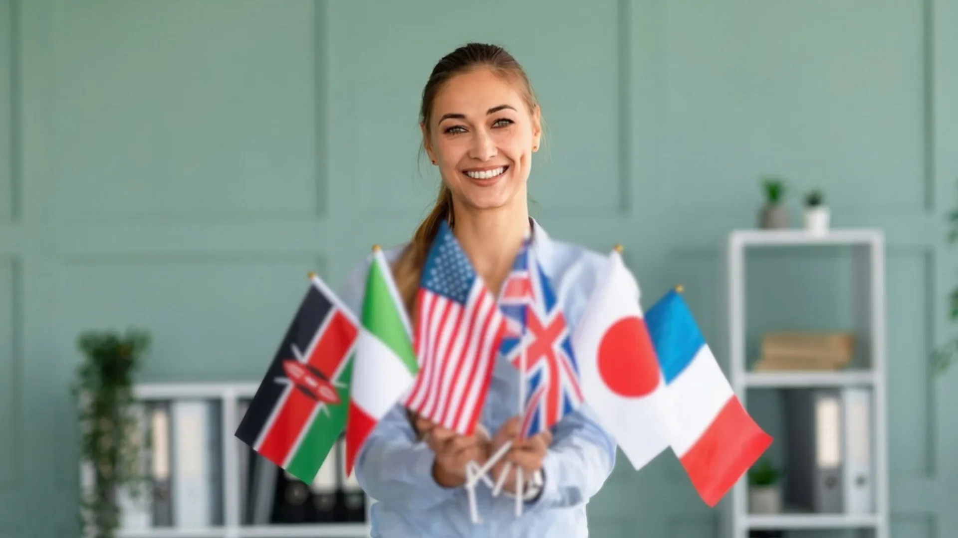 A woman holding multiple flags to represent how study abroad opportunities are part of why Rosemont College is a Forbes rated best online college, and a best Main Line college.